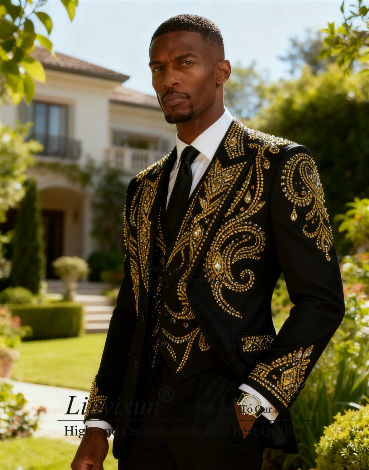 

Handsome Slim Fit Men Suits Rhinestones Beaded Wedding Party Costume Homme 3 Pieces Sets Groom Male Prom Blazers Customized