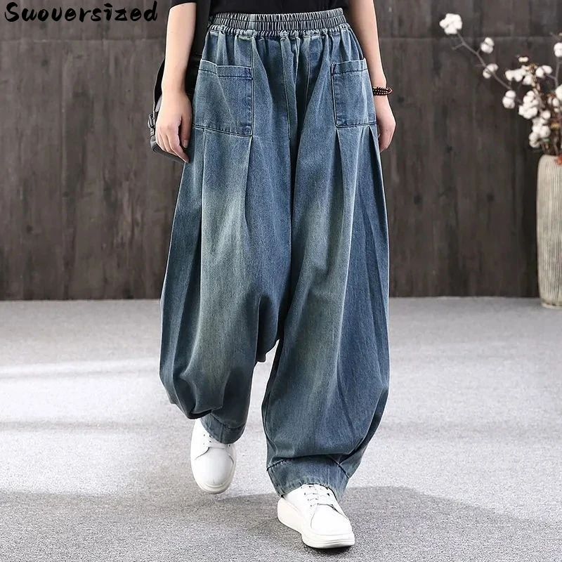 Oversize 110kg Vintage Baggy Jeans Casual Pantalones Holgados Mujer Elastic High Waist Denim Wide Leg Pants Streetwear Vaqueros