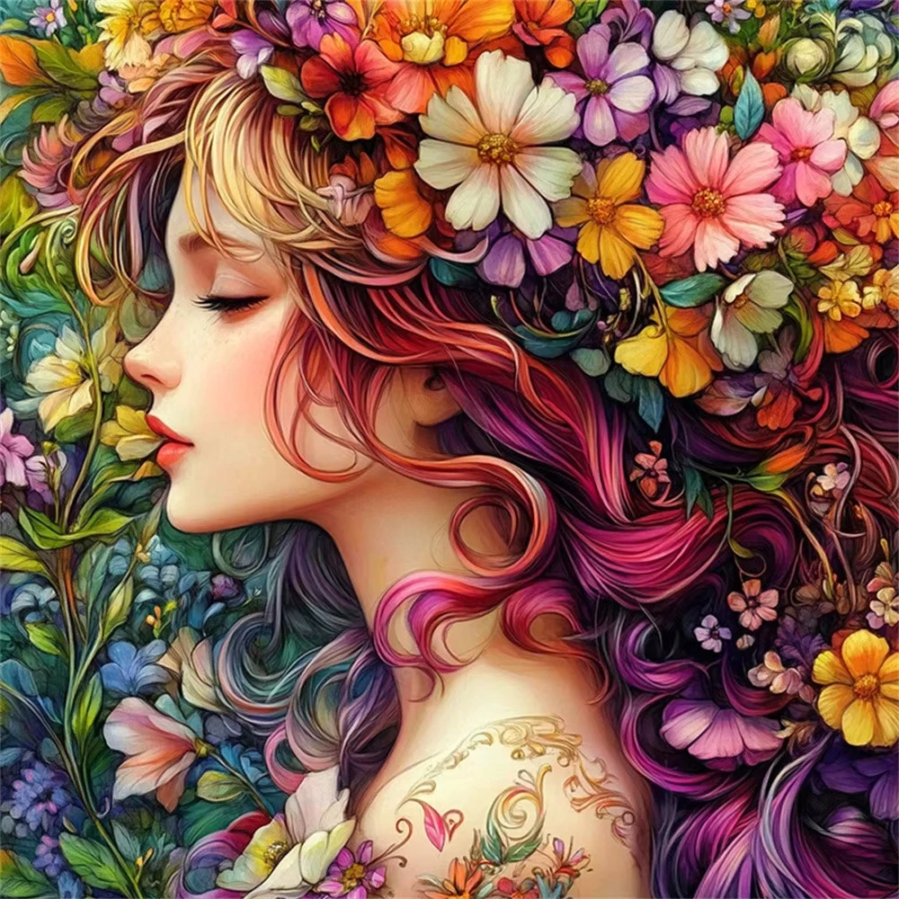 

DIY Floral Goddess Jigsaw Puzzle, Whimsical Lass with Multicolored Flowers in Her Hair, High Quality Perfect Home Decor