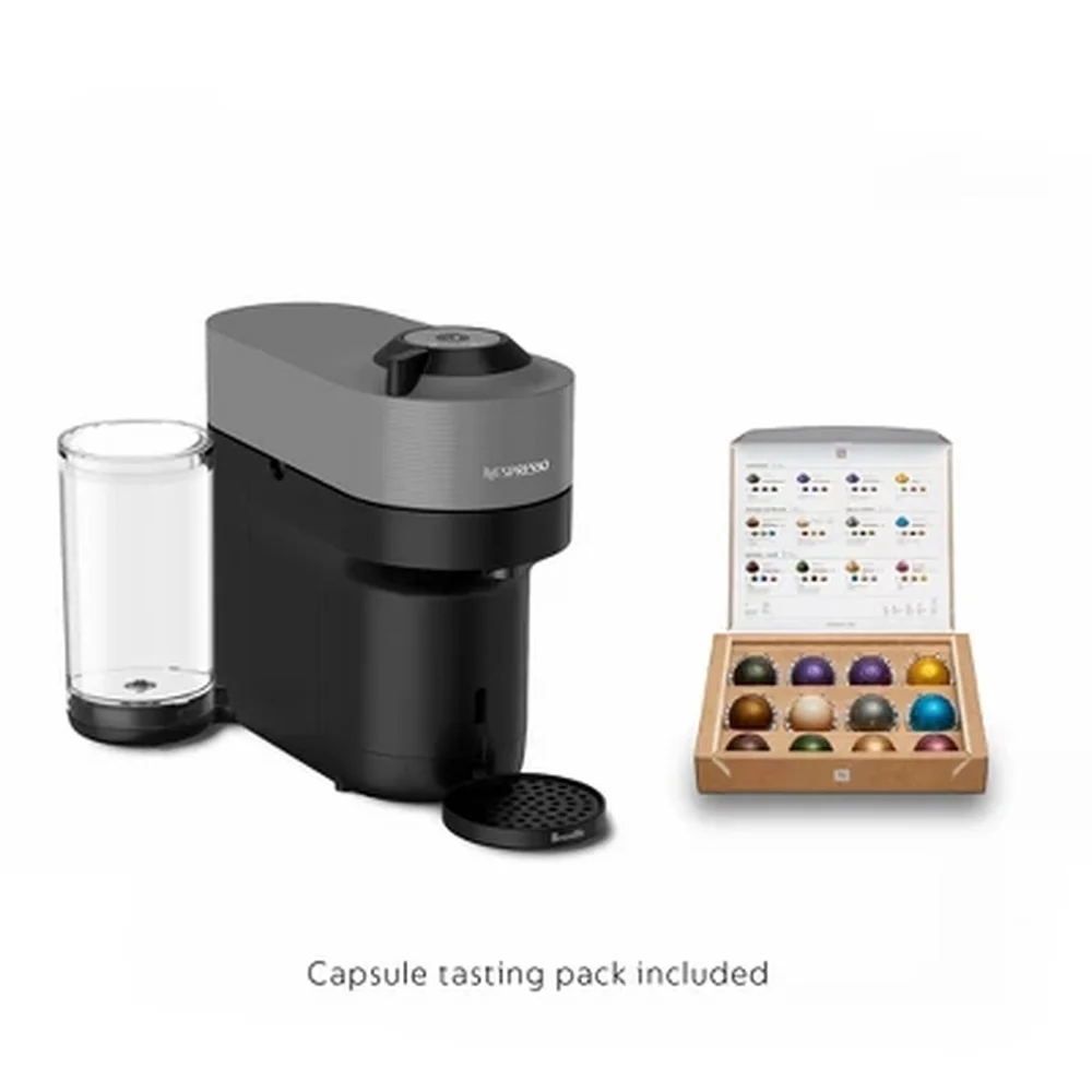 Máquina de café expresso Vertuo Pop com batedor de leite Design compacto 5 tamanhos de copo Sistema de um toque Tanque de água de plástico reciclado