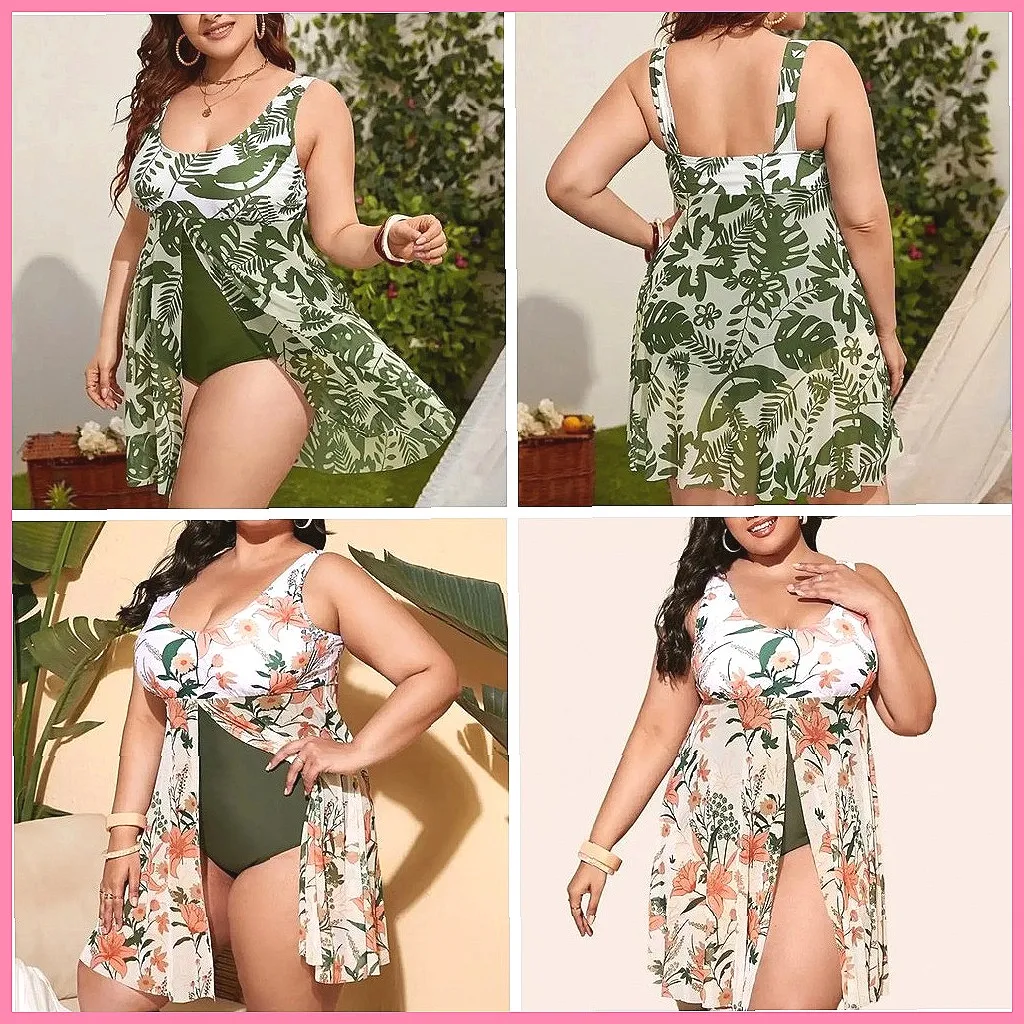 women's-plus-size-flattering-monokini-one-piece-swimwear-u-neck-plant-print-split-hem-summer-bathing-suit