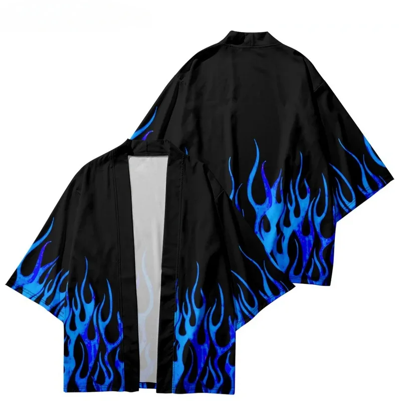 

Samurai Beach Cardigans, Loose Kimonos, Cosplay Tops for Men and Women Capes Blue Flame Print