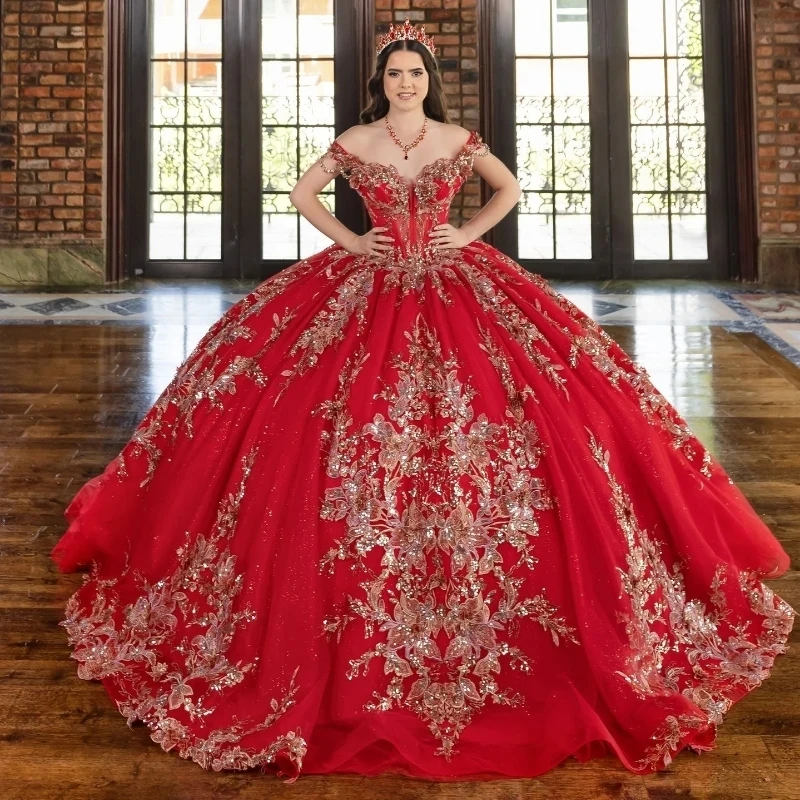 

Red Shiny Quinceanera Dresses Off The Shoulder Gold Seqin Applique Lace Beads Bow Tull Party Birthday Ball Gown Sweet 16 Dress