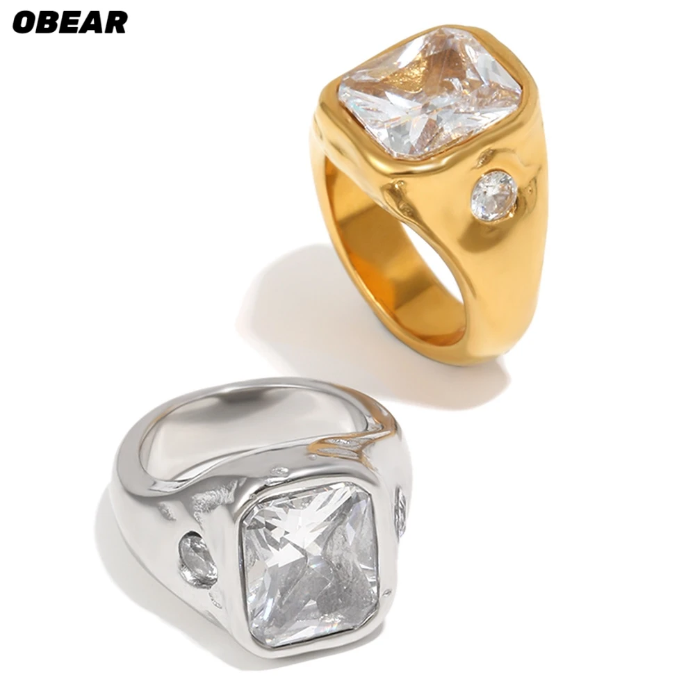 Bague carrée en acier inoxydable plaqué or avec cristaux, bague signet audacieuse pour femme, bijoux de mode