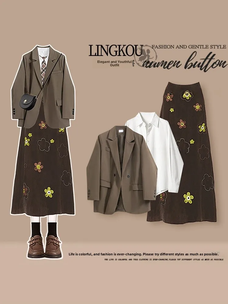 

Элегантный осенний комплект больших размеров для женщин: антивозрастной пиджак, базовая блузка и винтажная джинсовая юбка — комплект из трех предметов