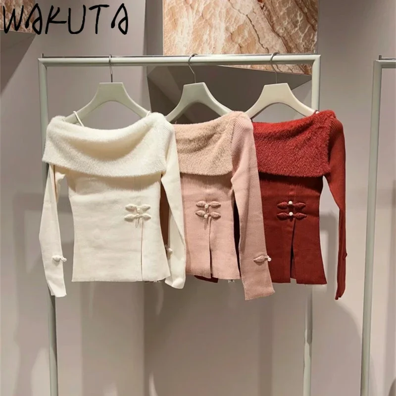 Wakuta Sweet Turn-Down Collar Solid Long Sleeve Jumper Off Shoulder Vent Casual Elegant Pullover Japan Knit New Frog Sweaters