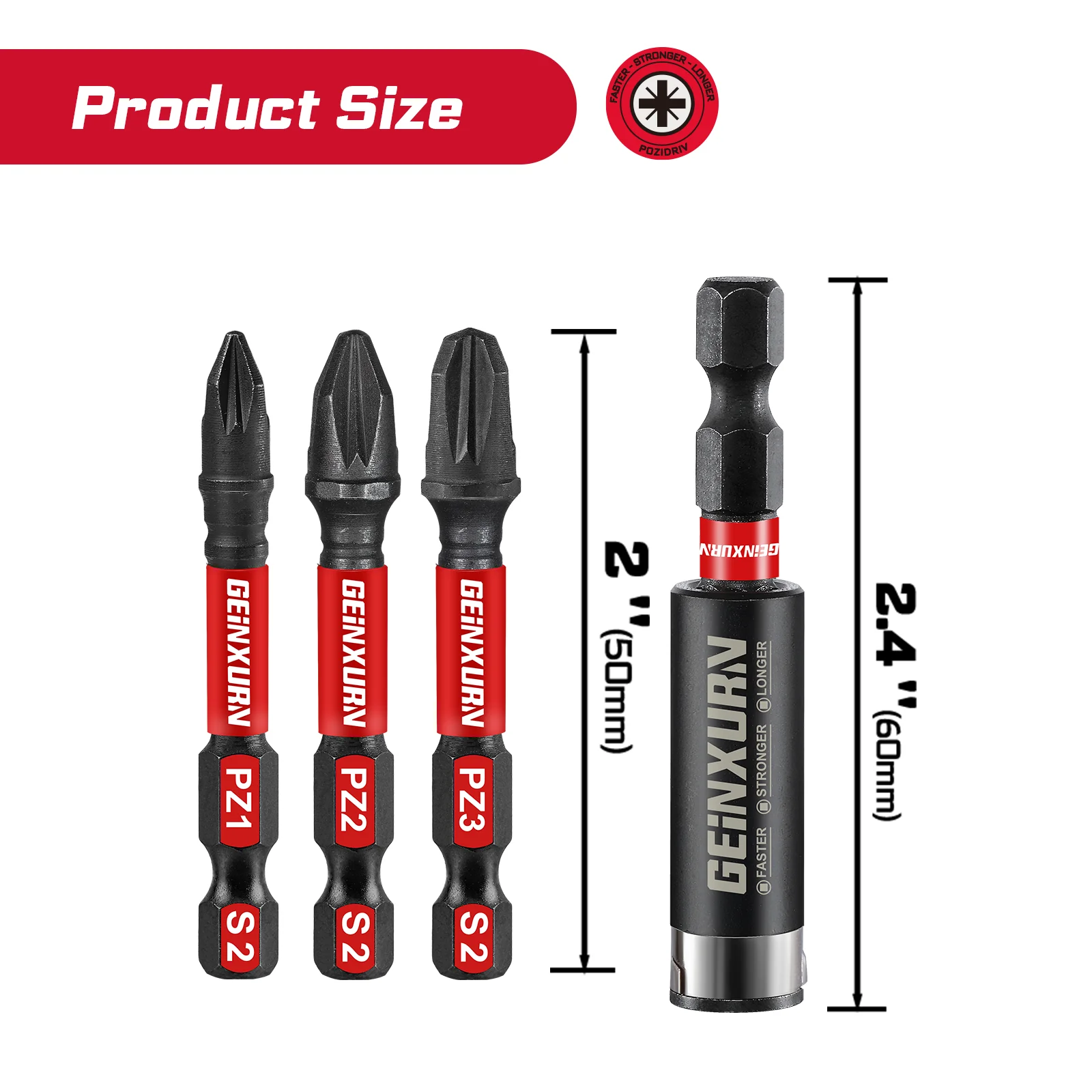 Geinxurn Impact Pozi Screwdriver Bits Set, 2” (PZ1/2/3) Magnetic S2 Steel Driver Bits and Bit Holder with Soft Hanging Strips