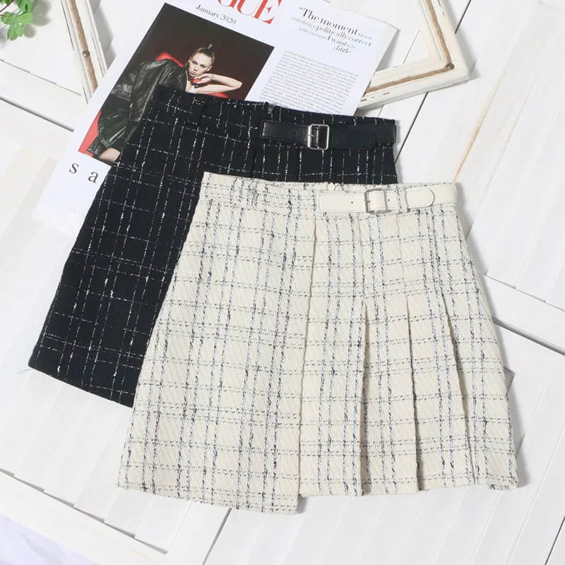 Media falda de lana a cuadros de otoño/invierno para mujer, falda acampanada plisada adelgazante de cintura alta, estilo pequeño fragante, 2025