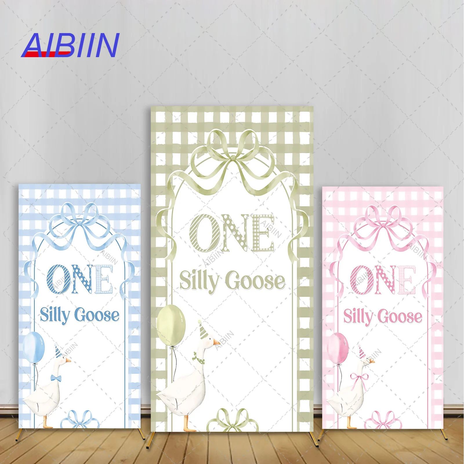 

Silly Goose One Year Old Birthday Rectangle Backdrop Cover Butterfly Bow Checker Grid Balloon Kids Cake Party Decor Background