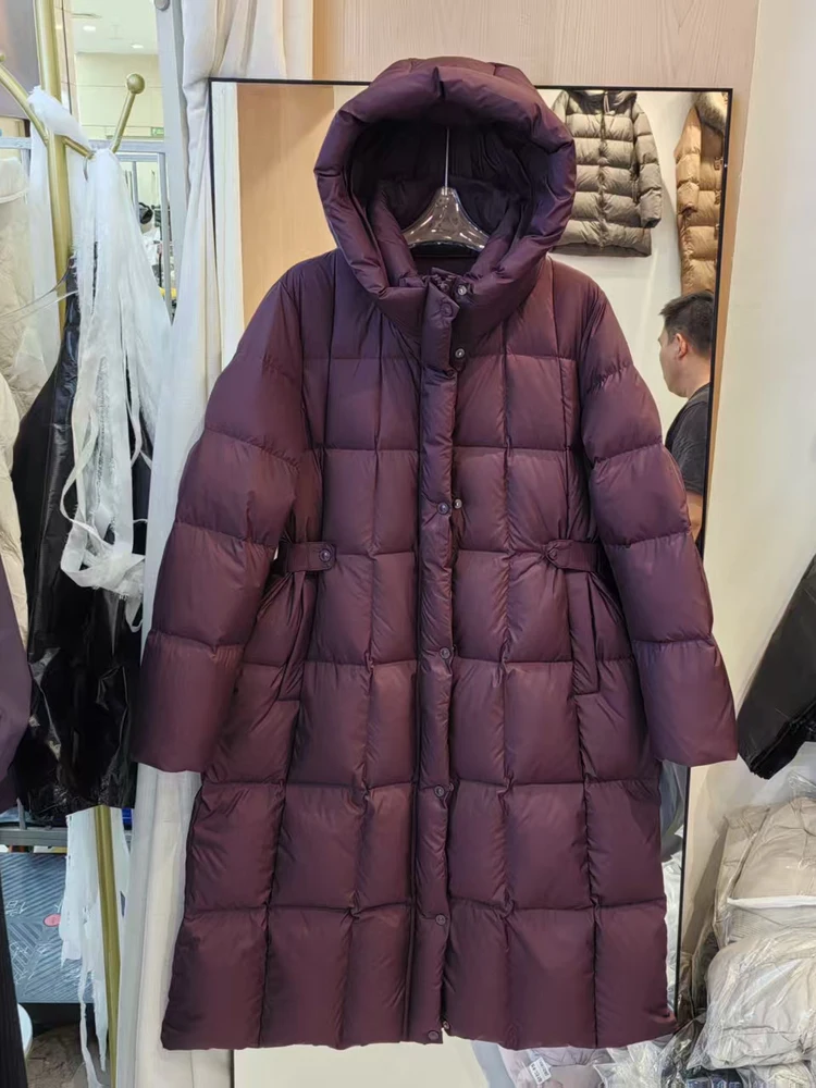 Feminino meados de longo cruz joelho com capuz jaqueta versão coreana 2025 inverno novo fino e grosso pato branco para baixo casaco