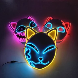 Japanese Anime Mask Full Face Demon Slayer Mask LED Party Supplies Neon Light Flashing In The Dark Night