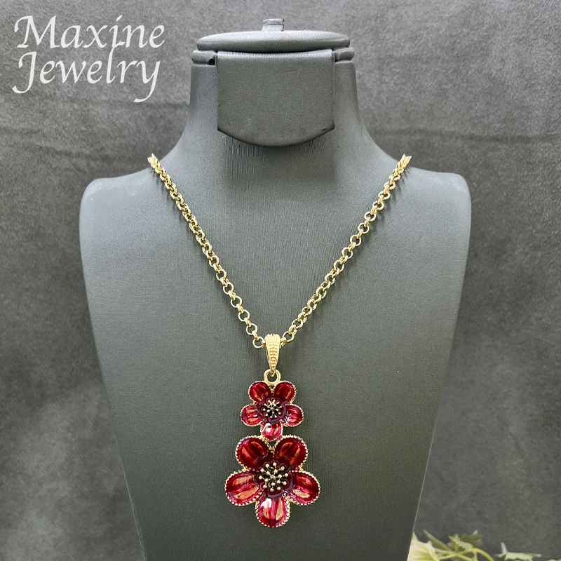 Red Flower Original Italian 18K Gold Plated Jewelry Set for Women Necklace Earrings Bracelet Ring Bridal Wedding Party Gifts