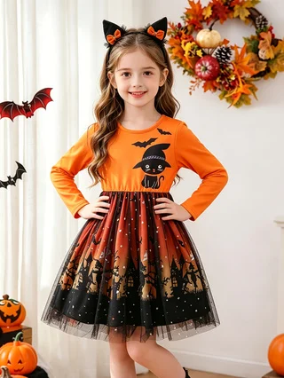 Girls' Halloween Long‑Sleeve Dress, Black Cat & Bat Print, Castle Tulle Puffy Skirt, Kids' Party Performance Princess Dress