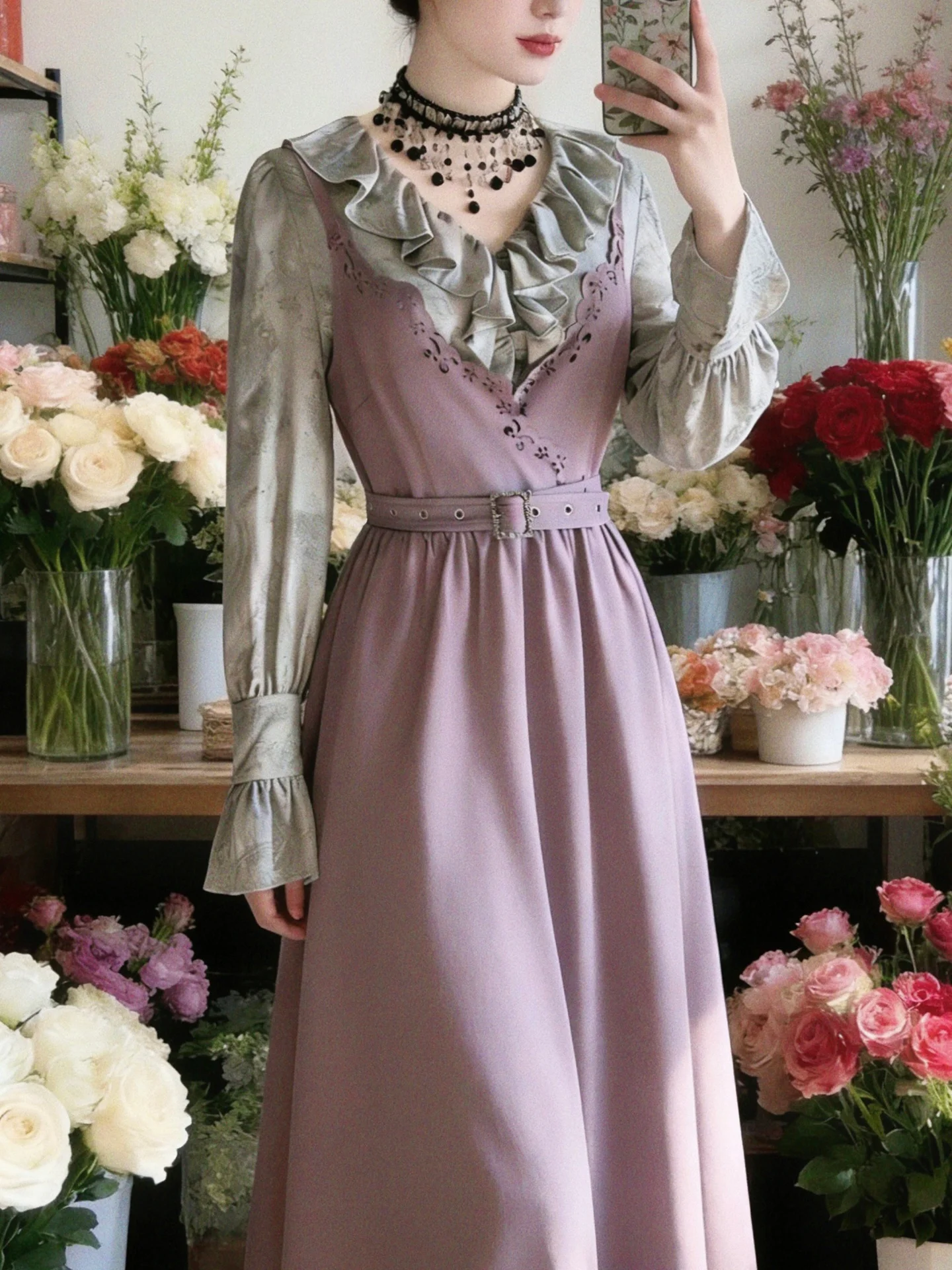 

Retro Purple Mist Garden Cotton irt V-ne Hollow out Flower Lace Trim Dr Zipper Closure Long Sve Women's Faion Set