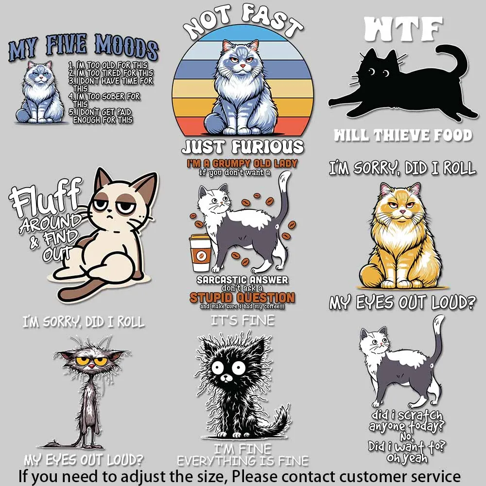 Cute & Humorous Cat Iron On Decals, Vibrant Colors for Custom T-Shirts & Accessories Versatile Fabric Transfer Designs