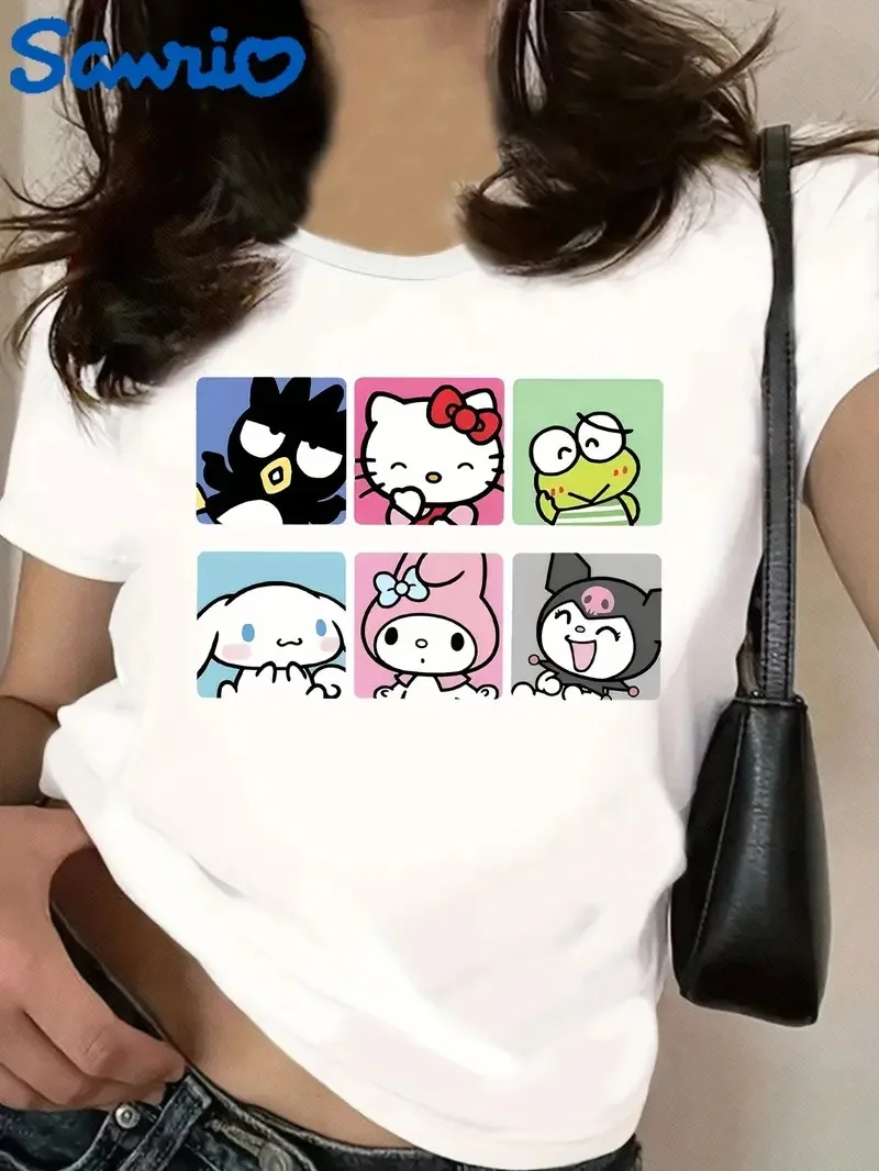 

Cotton T Shirt Featuring Sanrio Character Grid Fun and Playful Style Trendy Printed Brand Pure Cotton Tshirt Short Sleeve Unisex