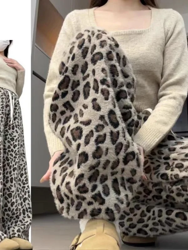 

Женские повседневные брюки с высокой талией и широкими штанинами, с леопардовым принтом, удобные зимние брюки в американском ретро-стиле, маленький размер, струящиеся, свободного кроя