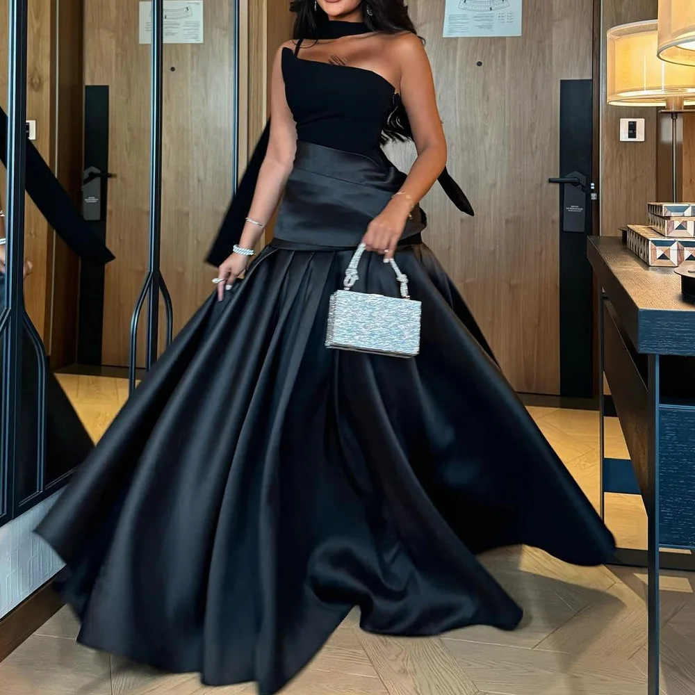 

Customized Exquisite Satin A-Line Ribbons Evening Dresses Strapless Sleeveless Panel Train Black Special Occasion Gowns Formal