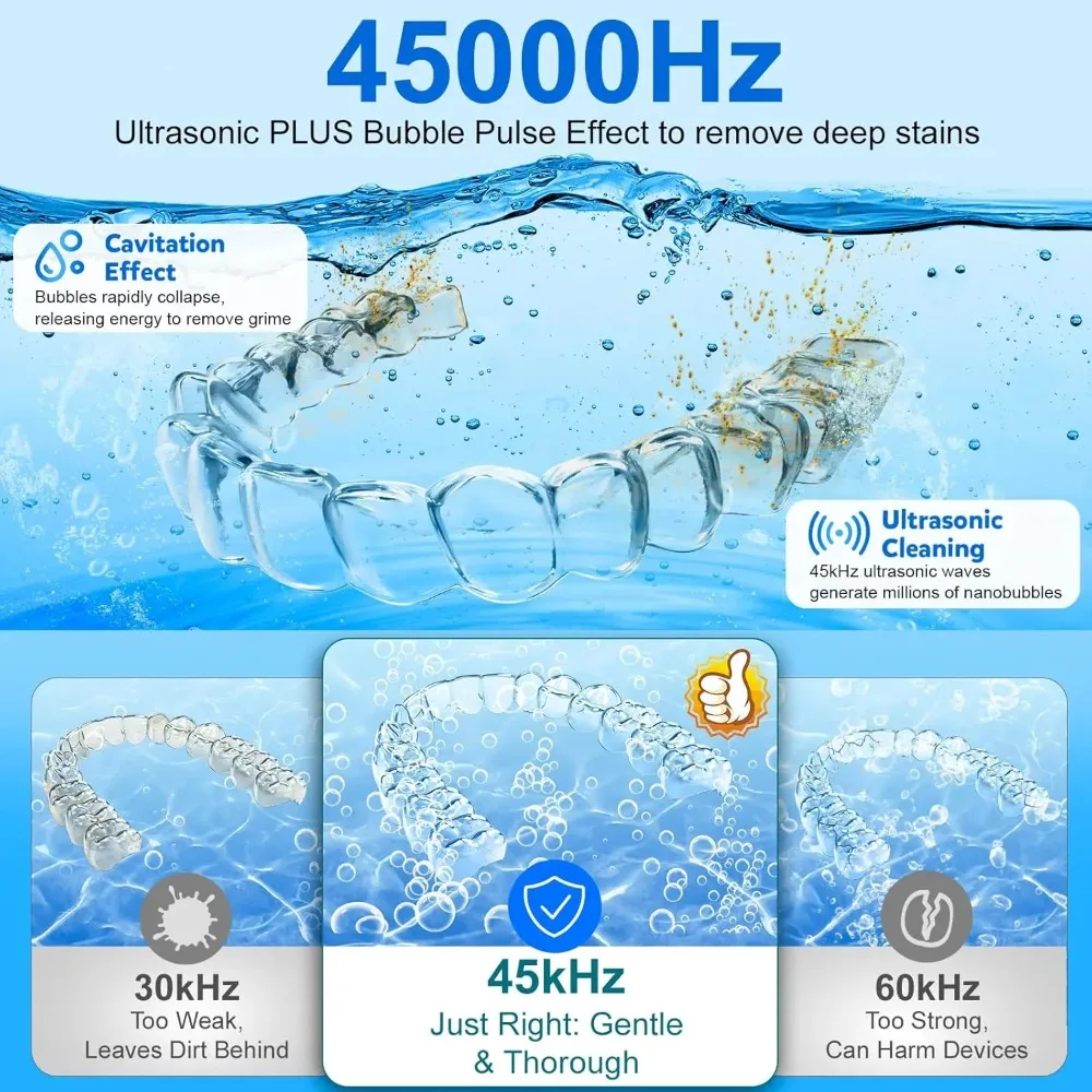 Retainer Cleaner, Upgraded Open-Window 45kHz Retainer Cleaner 200ML Dental Cleaning Pod with 4 Modes & Digital Timer