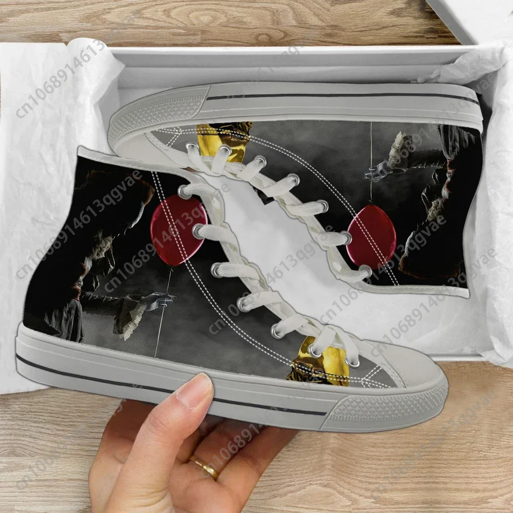 Horror Movie Pennywise Print High Top Women Men Canvas Shoes Female Casual Vulcanize Flats Shoes Teen Boys Sneakers