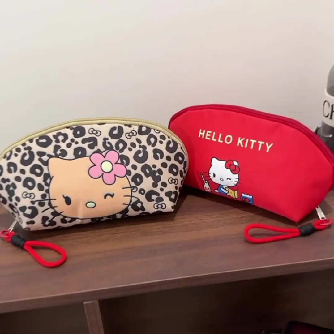 Leopard Print Hello Kitty Women's Tote Makeup Bag Case Large Capacity Fashion Travel Toiletry Bag Zipper Cosmetic Storage Bag