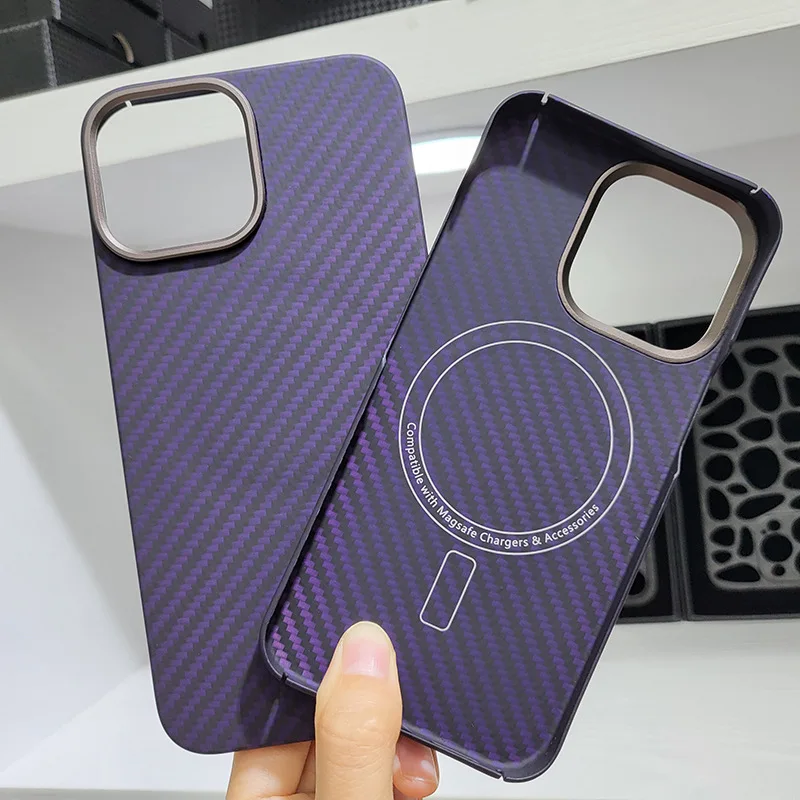 

Magsafe 100% Real Carbon Fiber Case for iPhone 14 13 Pro Max / 14Pro 13Pro Aramid Purple Color Lightweight Magnetic Phone Cover.