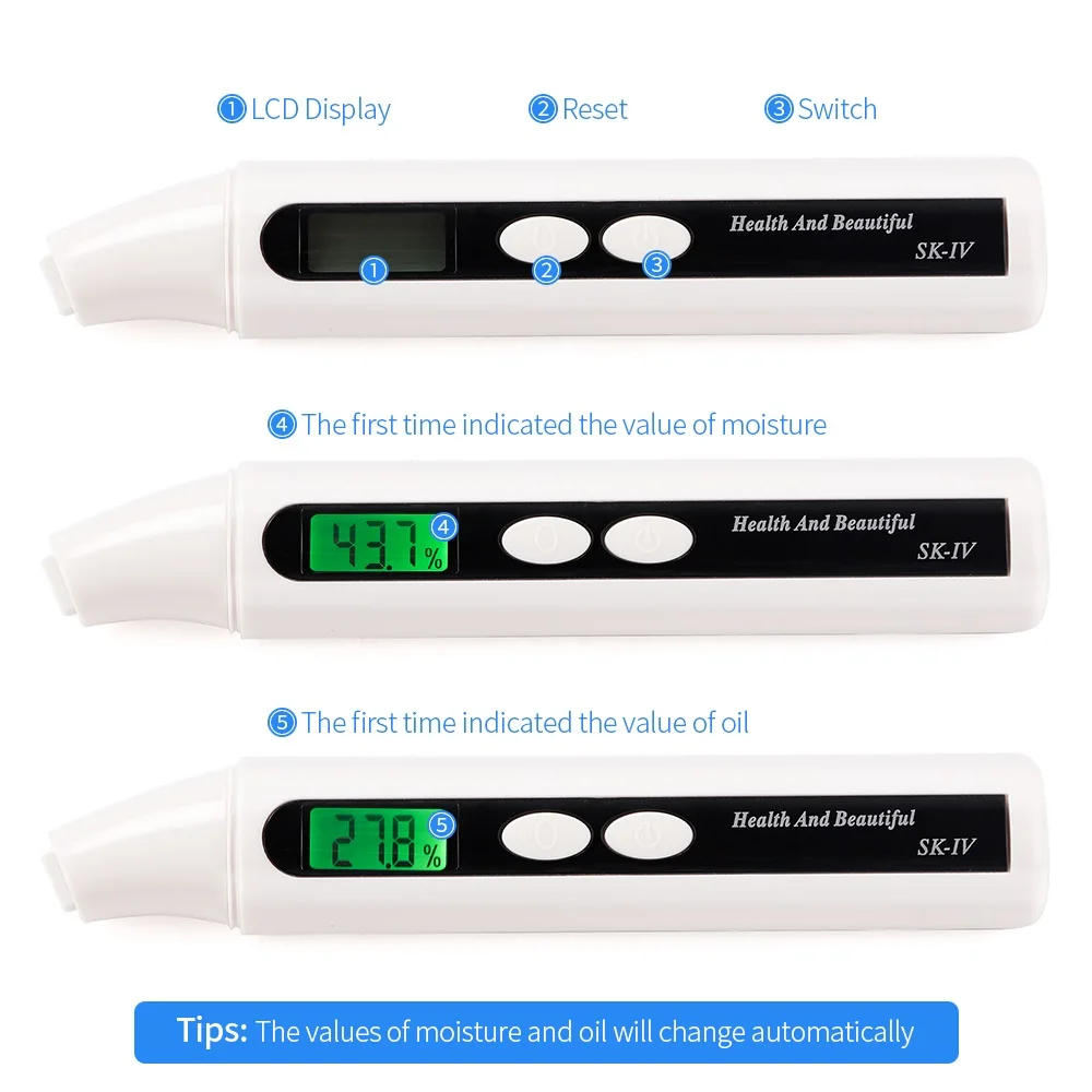 Bolígrafo portátil de prueba de humedad de la piel, Analizador de contenido de aceite y humedad de la piel con pantalla LCD Digital para la frente, mejilla, ojo, hidratante Facial