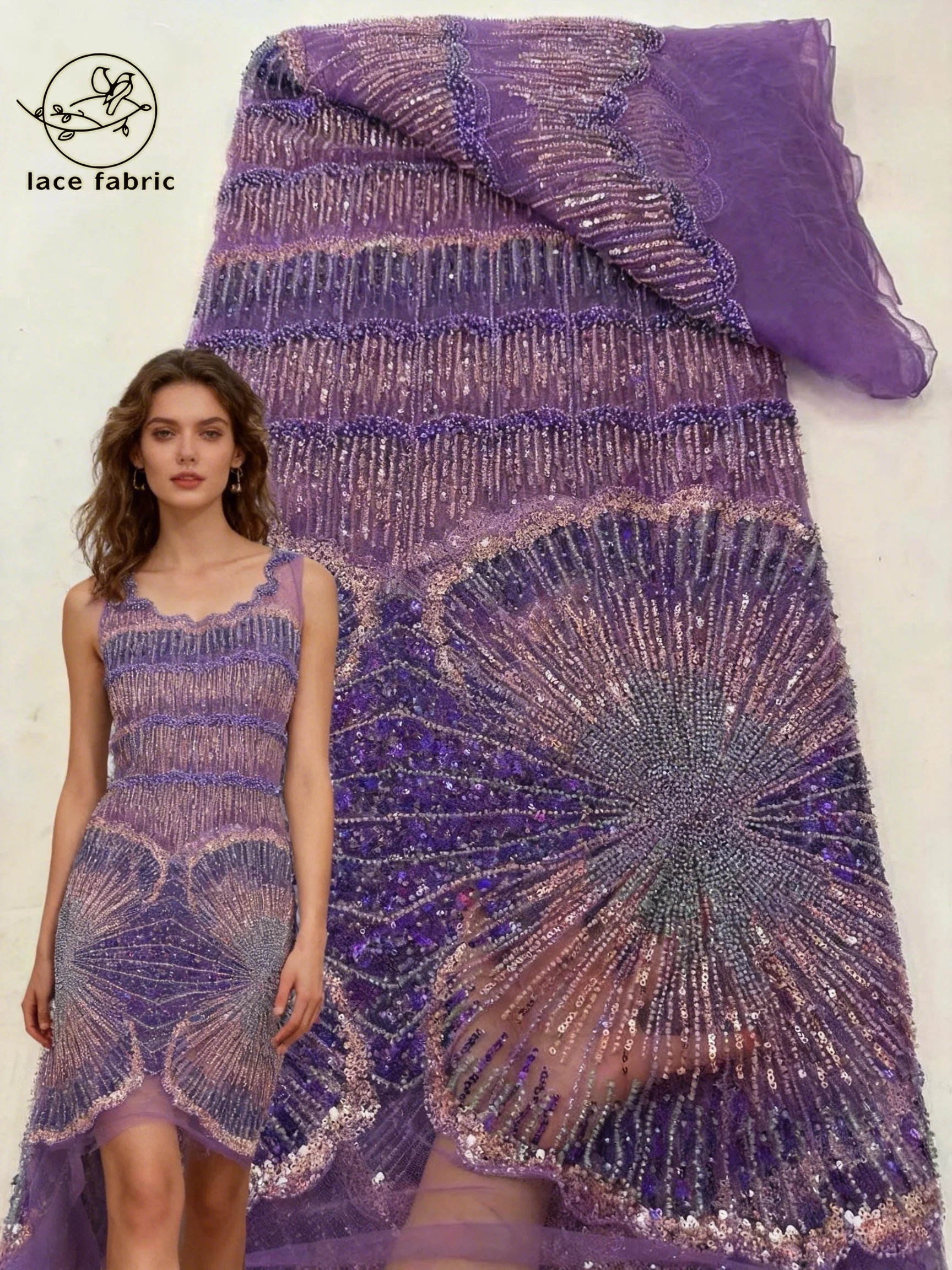 

Elegant Party Luxury Party Gown African Handcrafted Heavy Beaded Sequins Lace Fabric 2026 Luxury French Tulle Lace Fabric Dress
