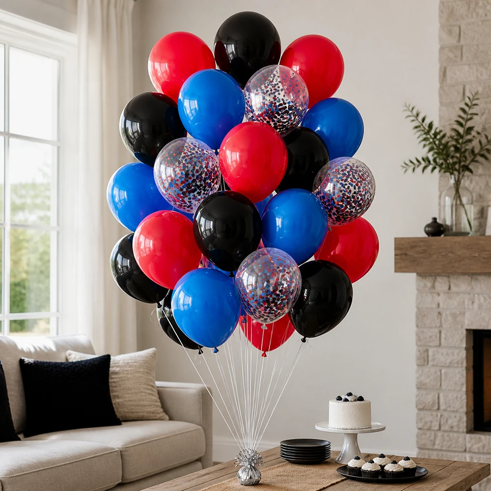 30Pcs Red Blue Black Latex Balloons Set Clear Confetti Balloons Superhero Theme Birthday Party Photo Props Decoration Supplies