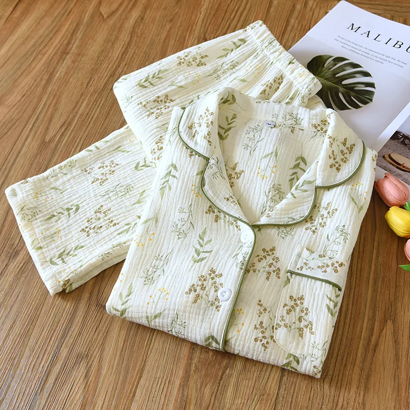 Conjunto de pijamas de manga comprida, 100% algodão, lapela estampada, roupa de dormir, roupa de casa, outono