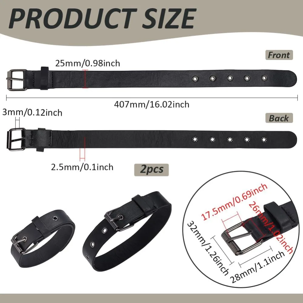 2 قطعة الأشرطة التقليدية النقبة الموسع الجلود الكفة حزام أبازيم 1x16 بوصة الأسود بولي Leather الجلود حزام قابل للتعديل مع مربع معدني #2