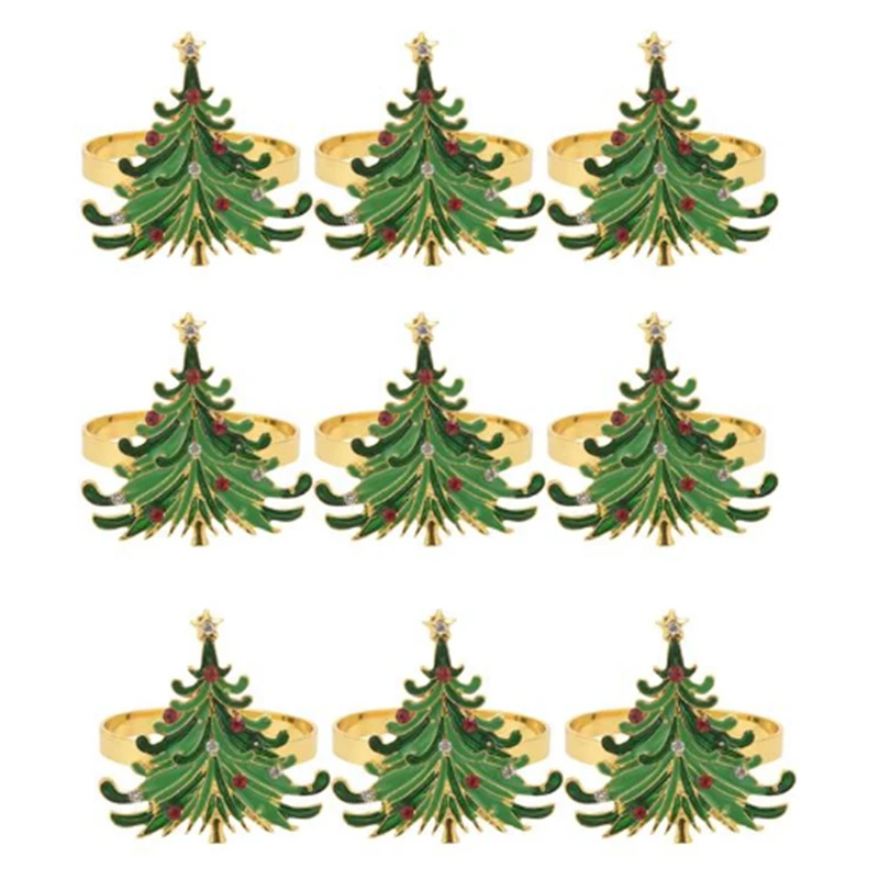 

Napkin Rings Green Chirstmas Tree Golden Rings Designed With Red And White Diamond For Christmas Dinning Table