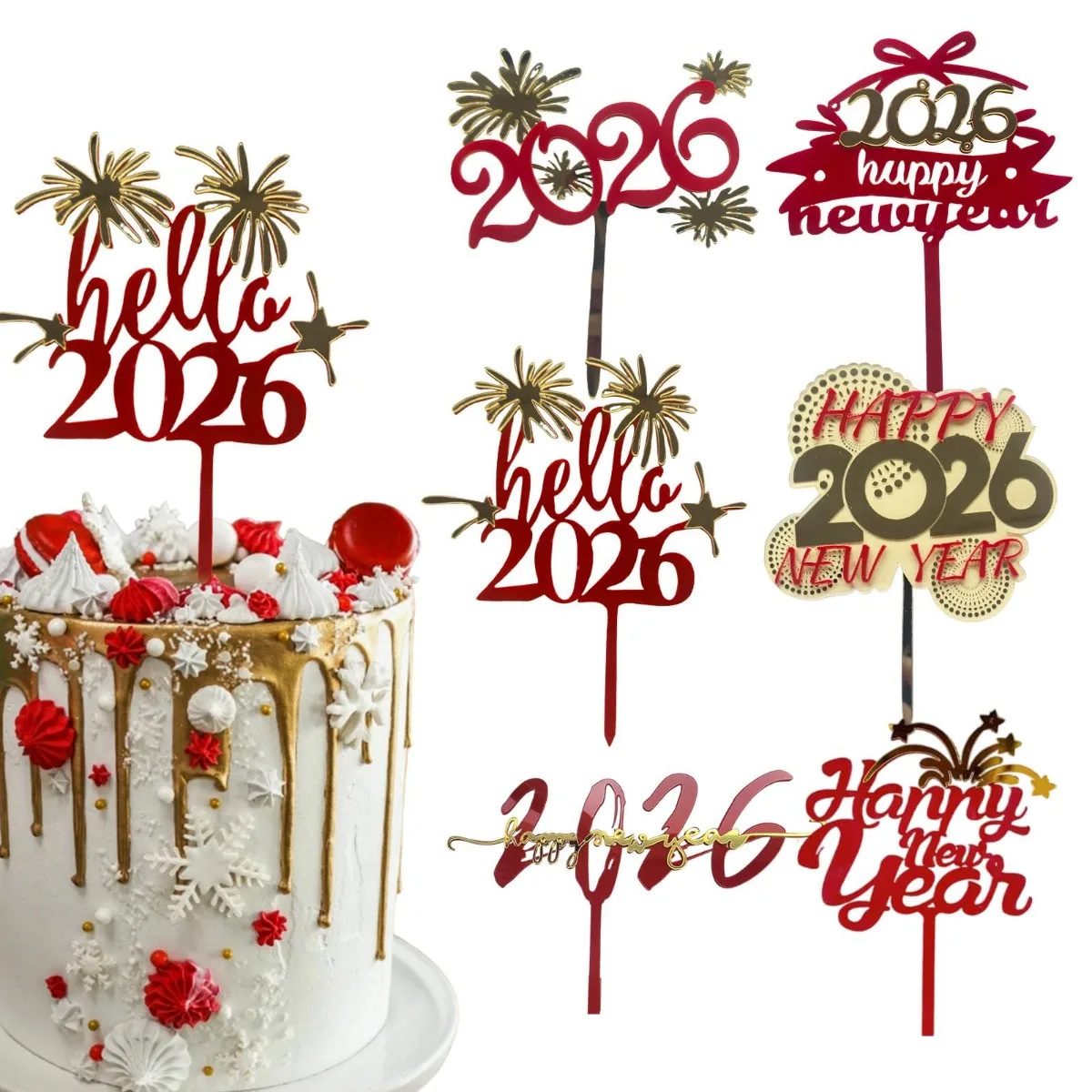 Happy New Year 2026 Cake Topper Acrylic Glitter Celebration Picks Cheers To 2026 Cake Toppers For New Year Eve Party Decoration