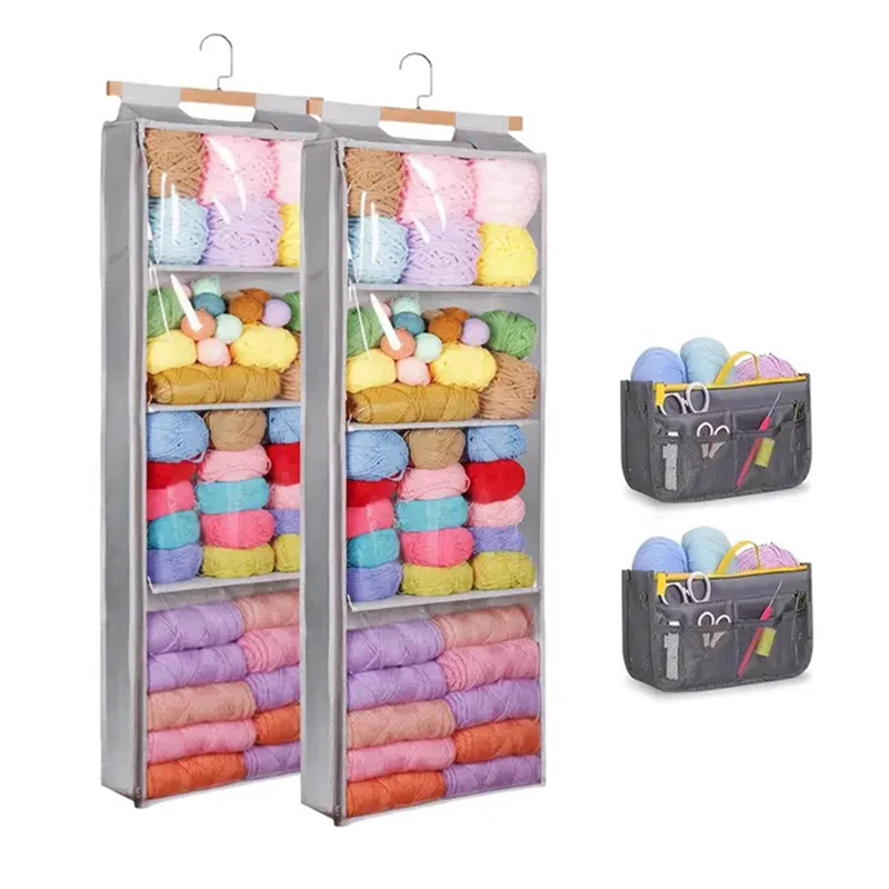 

Hanging Yarn Storage with 4 Large Pockets Clear Knitting Organizer with Zippers Hanging Yarn Holder with Hooks for Crochet Lover