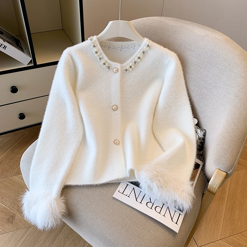 

Women Knitted Cardigan New Nail Bead Round Neck Long Sleeve Splicing Plush Design Autumn Winter New Style Western Sweater Coat