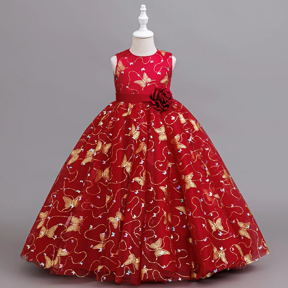 New Girls Christmas Long Dress Butterflies Ball Gown Girl Ceremonial Party Dresses Child Clothes 4 to 12T