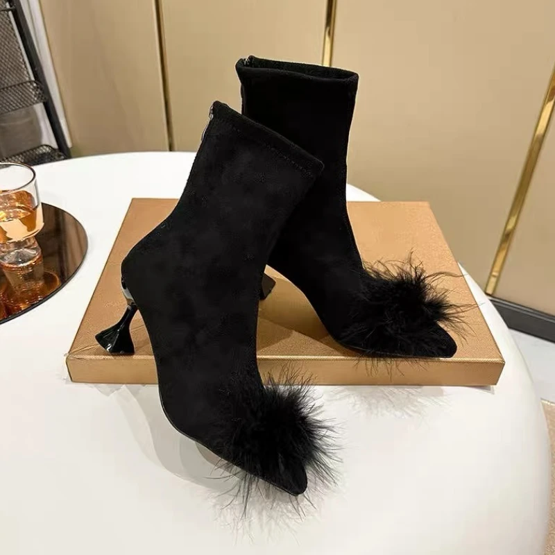 

Fur Women Boots Suede Sexy Pointed Toe High Heels Shoes 2025 Designer New Chelsea Boots Dress Party Winter Brand Pumps Zapatos