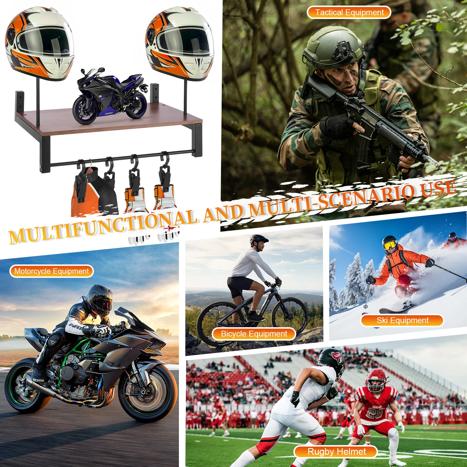 

Деревянная подставка-органайзер для шлема с 5 крючками, износостойкая металлическая подставка для шлема, для хранения мотоциклетных аксессуаров
