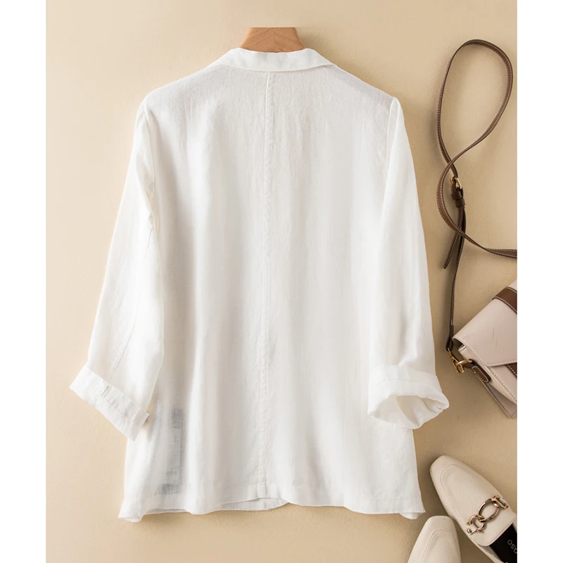 코튼 린넨 블레이저 탑 여성 우아한 자켓 가을 긴 소매 턴 다운 넥 솔리드 오버 사이즈 코트 빈티지