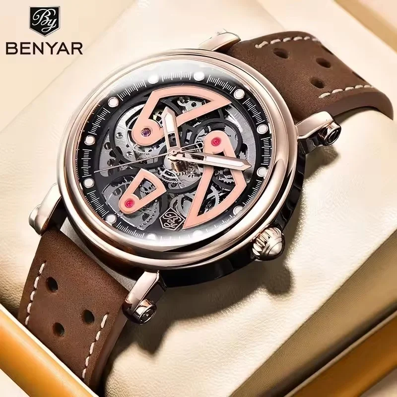 BENYAR 5202 العلامة التجارية الجديدة الفاخرة التلقائي الميكانيكية ساعة رجالي ريترو تصميم جوفاء الهاتفي حزام من الجلد مقاوم للماء ضوء الليل