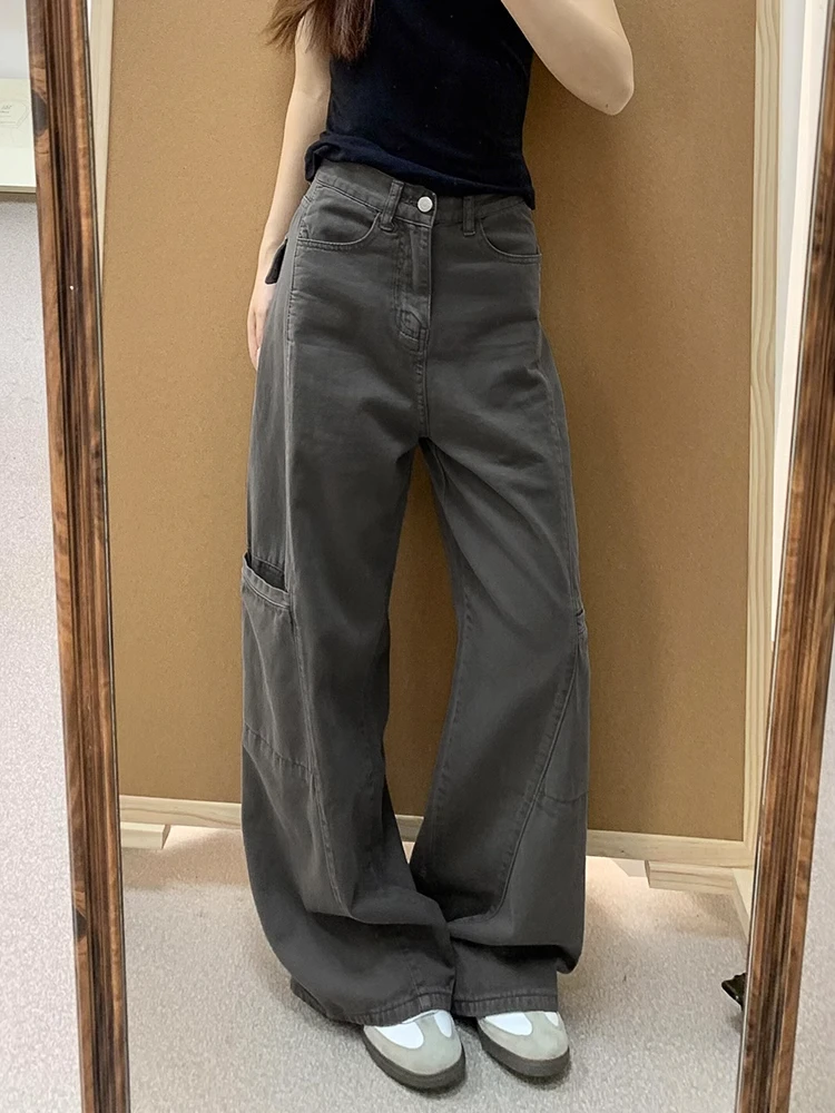 plus Size Grey Wide Leg Workwear Pants Women's Loose Fit Straight Leg Jeans for Pear Shaped Body Spring New Style Casual Cotton