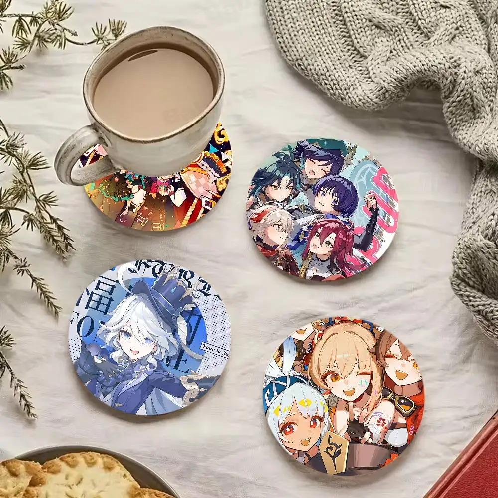 RPG Game Genshin Impact Wood Coasters Colorful Round Coaster Non-slip Heat Insulation Coffee Mats Home Accessories Kitchen