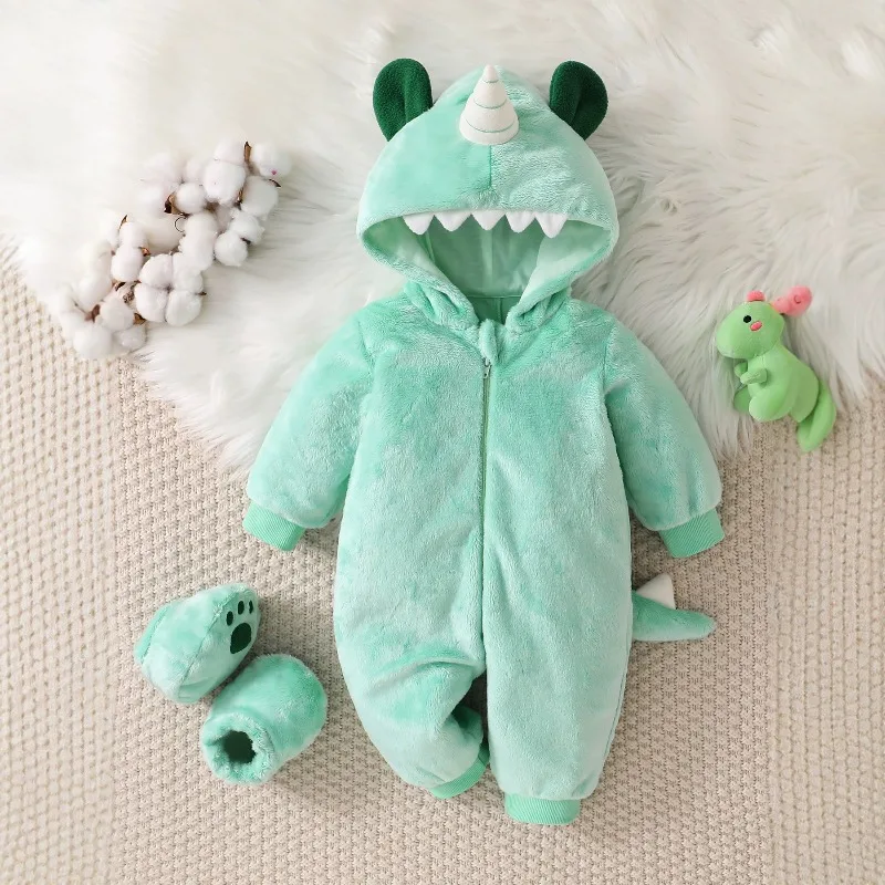 Newborn Mint Green Monster Romper Hooded Plush Fluffy Jumpsuit with Horns Teeth and Paw Feet Warm Winter Playsuit for Baby 0 24M