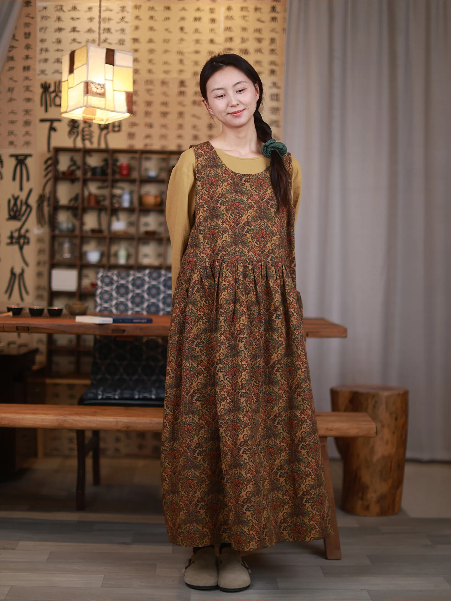 

Loose Han Han Cotton Linen Blend Dress with Straps Eco-Friendly Lazy Style A-Line Skirt Backless round Neck Print Dress for W...