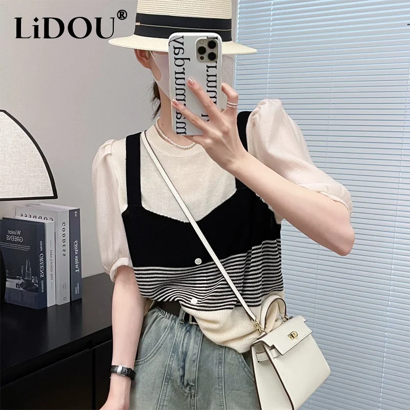 Summer Fashion Fake Two Pieces Striped Knitting Patchwork T-shirt Lady Loose Casual All-match Oversized Vintage Pullover Tee Top