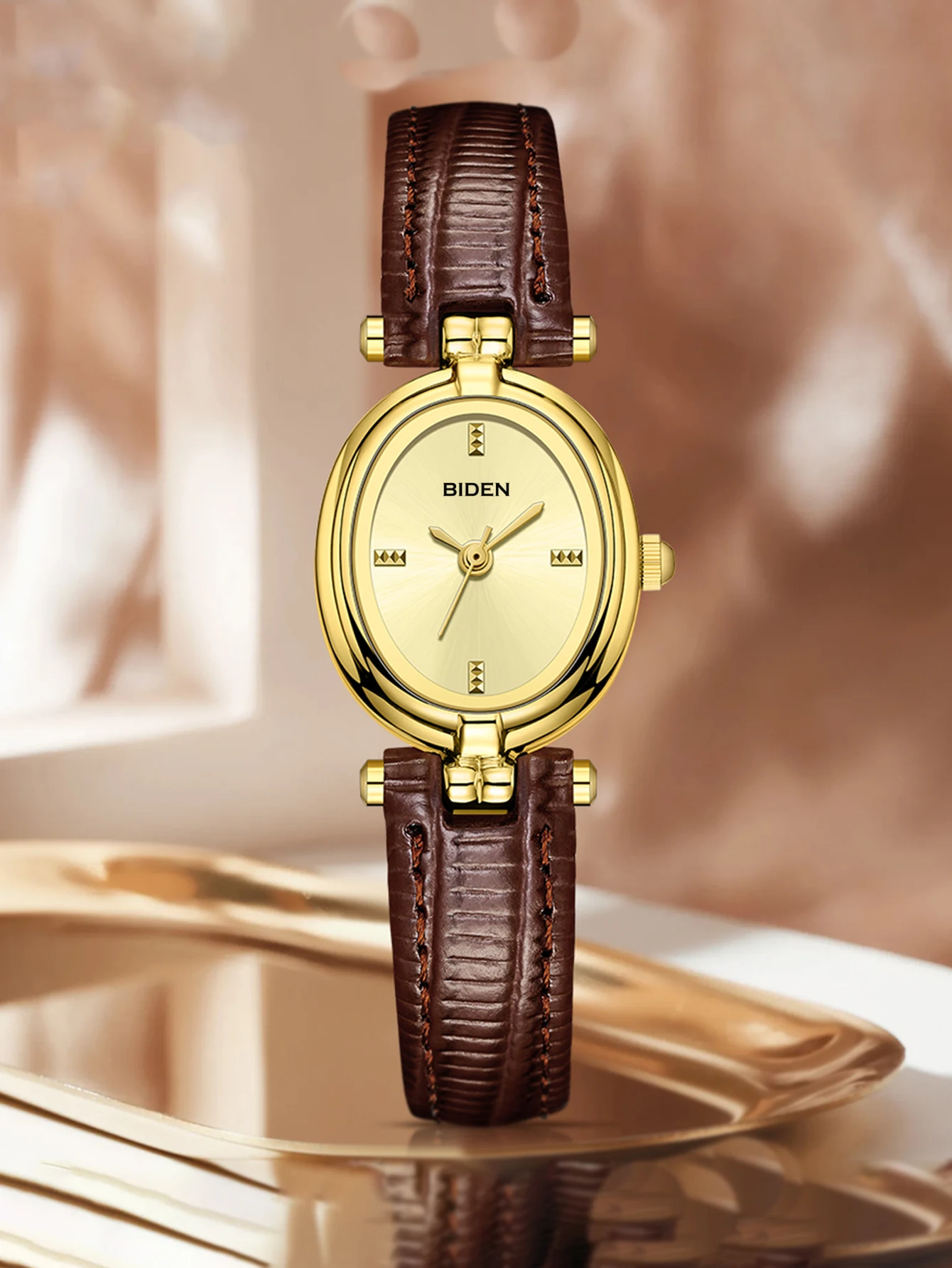 

BIDEN Simple Women's Watch Retro Luxury High Quality Gold Oval Small Dial Fashion Leather Quartz Watch Relojes femeninos