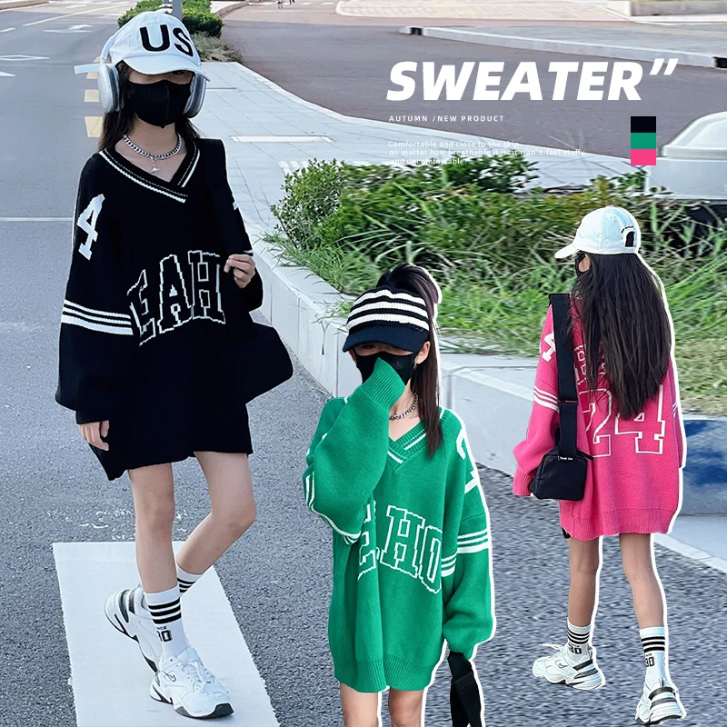 Young girls Sweaters Autumn Children\'s Cotton Wool Sweatshirt Teens girls Jumpers Long Loose Letter V-neck Knitted Kids Clothing