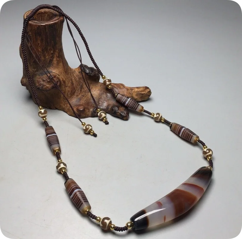 Tibetan Natural Old Agate dZi Silkworm Lines&Eyes Horn Bead Necklace 79mm U727