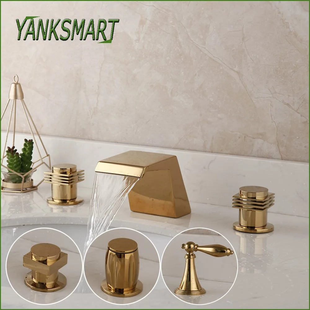 

YANKSMART 3 Pcs Bathroom Faucet Waterfall Spout 2 Handles Faucets Deck Mount Hot & Cold Mixer Water Tap Bathtub Crane Torneiras