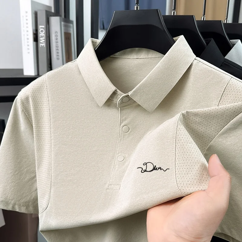 Affordable Luxury Men Short-Sleeved Polo Shirt Lapel Button Solid Color T-Shirt Letter Print Fashion Trend Hot-Selling for Men